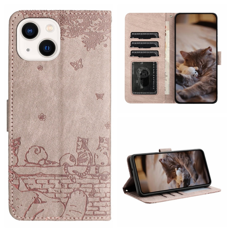 Cat Embossing Pattern Leather Phone Case with Lanyard, For iPhone 15 Pro, For iPhone 15 Plus, For iPhone 15, For iPhone 14 Plus, For iPhone 14, For iPhone 14 Pro