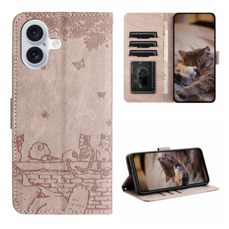 Cat Embossing Pattern Leather Phone Case with Lanyard, For iPhone 16 Pro Max, For iPhone 16 Pro, For iPhone 16 Plus, For iPhone 16, iPhone 16e, For iPhone 15 Pro Max