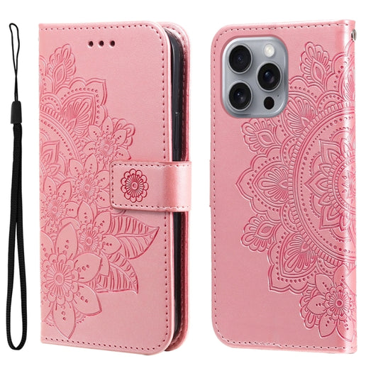 Seven-petal Flowers Embossing Leather Phone Case, For iPhone 16 Pro Max, For iPhone 16 Pro, For iPhone 16 Plus, For iPhone 16, For iPhone 16e, For iPhone 15 Pro Max