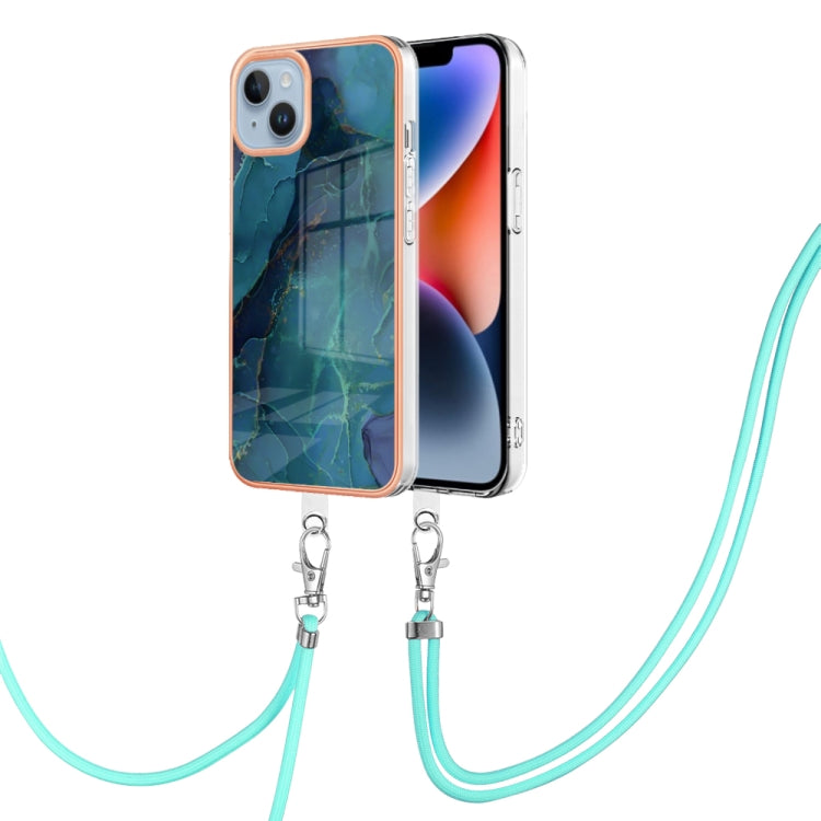 Electroplating Marble Dual-side IMD Phone Case with Lanyard, For iPhone 15 Pro, For iPhone 15 Plus, For iPhone 15