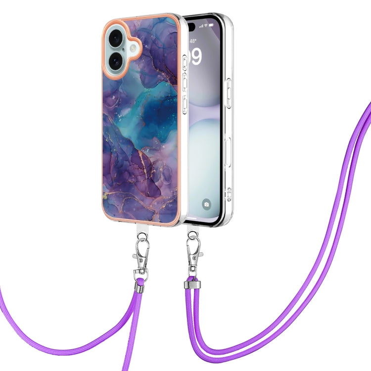 Electroplating Marble Dual-side IMD Phone Case with Lanyard, For iPhone 16 Pro Max, For iPhone 16 Pro, For iPhone 16 Plus, For iPhone 16, For iPhone 15 Pro Max