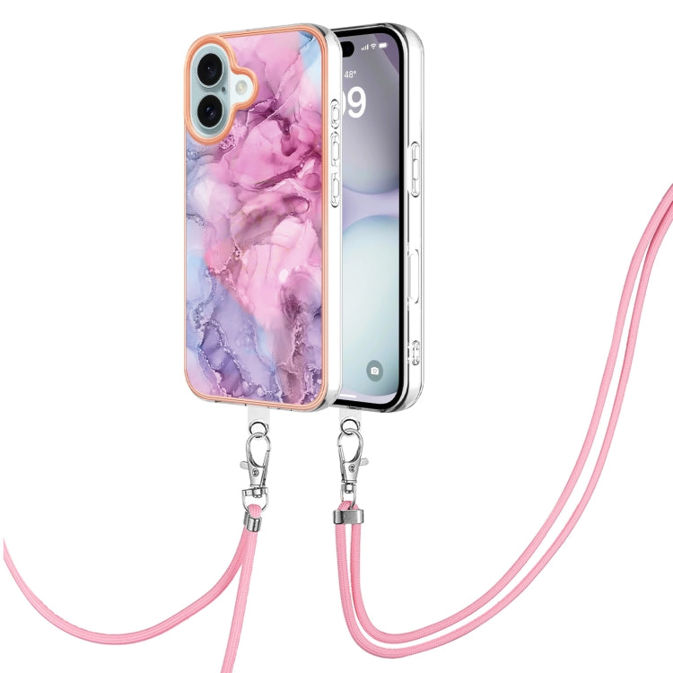 Electroplating Marble Dual-side IMD Phone Case with Lanyard, For iPhone 16 Pro Max, For iPhone 16 Pro, For iPhone 16 Plus, For iPhone 16, For iPhone 15 Pro Max