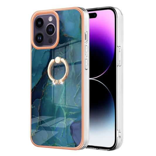 Electroplating Marble Dual-side IMD Phone Case with Ring, For iPhone 15 Pro, For iPhone 15 Plus, For iPhone 15