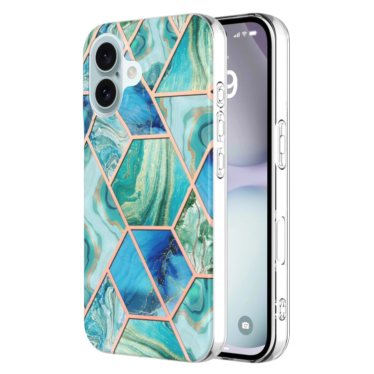 Electroplating Splicing Marble Flower Pattern Dual-side IMD TPU Shockproof Phone Case, For iPhone 16 Pro Max, For iPhone 16 Pro, For iPhone 16 Plus, For iPhone 16, For iPhone 15 Pro Max