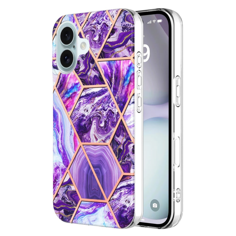 Electroplating Splicing Marble Flower Pattern Dual-side IMD TPU Shockproof Phone Case, For iPhone 16 Pro Max, For iPhone 16 Pro, For iPhone 16 Plus, For iPhone 16, For iPhone 15 Pro Max