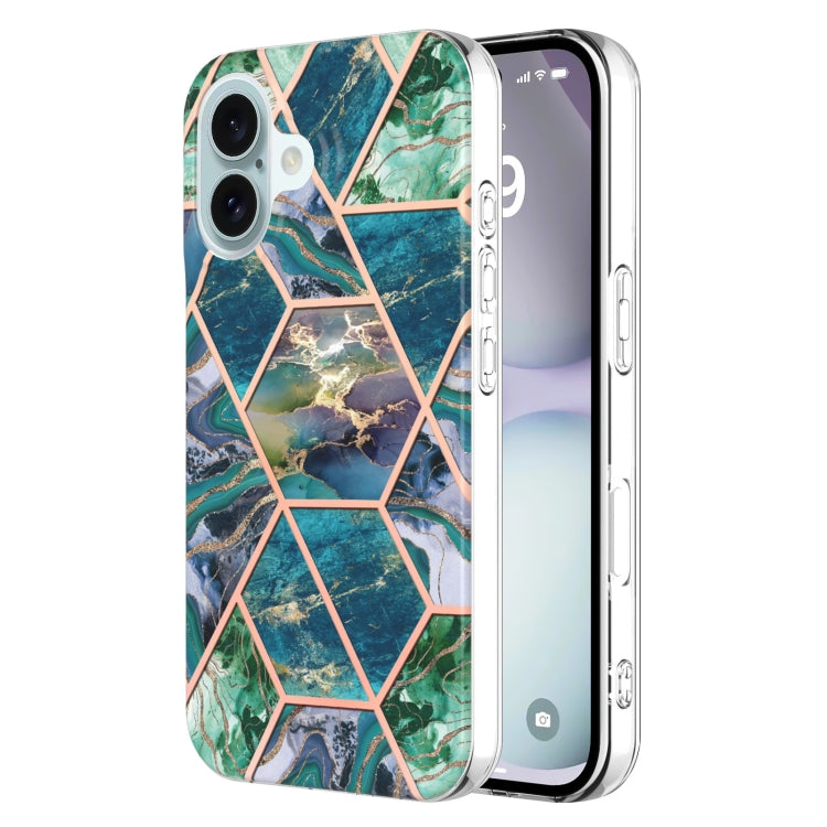 Electroplating Splicing Marble Flower Pattern Dual-side IMD TPU Shockproof Phone Case, For iPhone 16 Pro Max, For iPhone 16 Pro, For iPhone 16 Plus, For iPhone 16, For iPhone 15 Pro Max