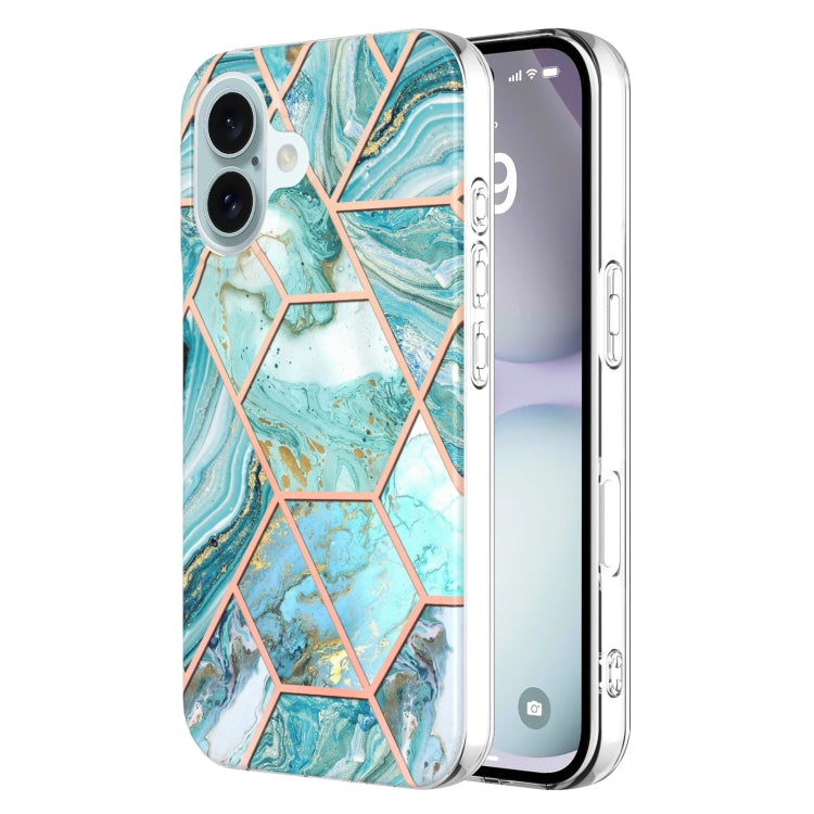 Electroplating Splicing Marble Flower Pattern Dual-side IMD TPU Shockproof Phone Case, For iPhone 16 Pro Max, For iPhone 16 Pro, For iPhone 16 Plus, For iPhone 16, For iPhone 15 Pro Max