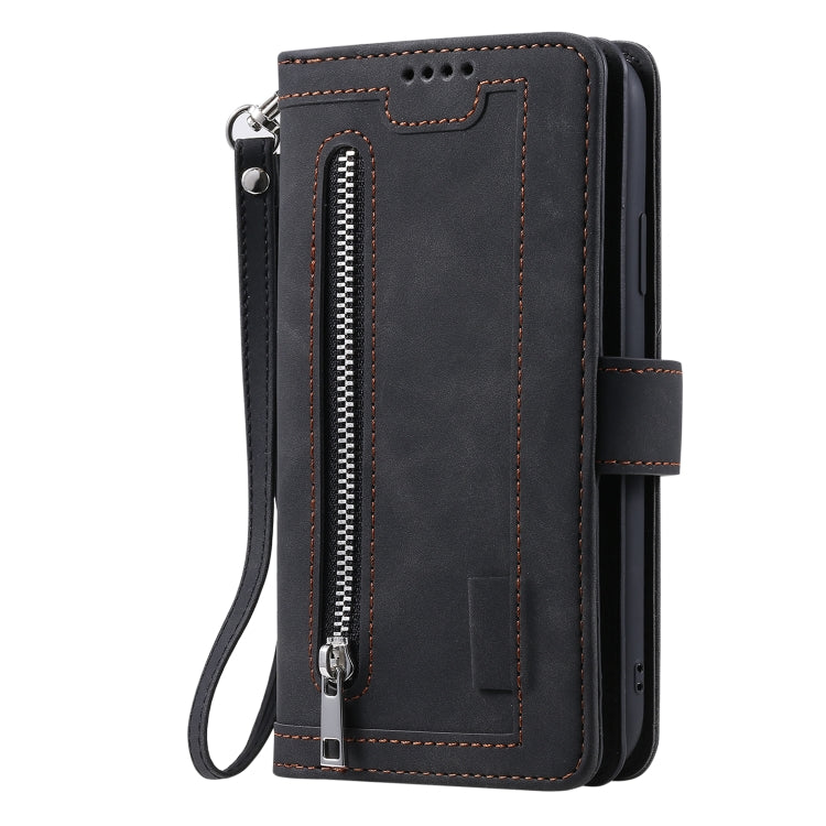 Nine Card Zipper Bag Leather Phone Case with Lanyard, For iPhone 15