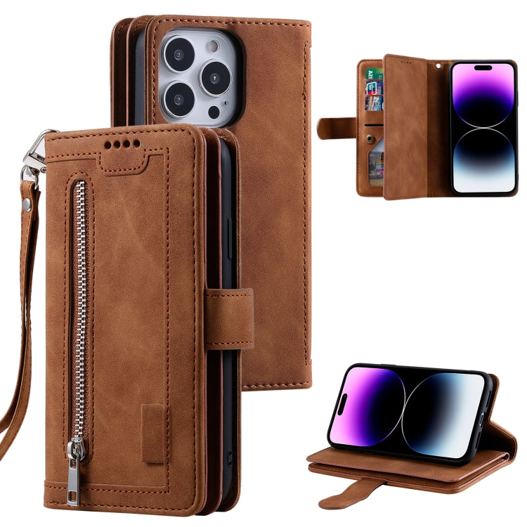 Nine Card Zipper Bag Leather Phone Case with Lanyard, For iPhone 16e, For iPhone 16 Pro Max, For iPhone 16 Pro, For iPhone 16 Plus, For iPhone 16, For iPhone 15 Pro Max, For iPhone 15 Pro, For iPhone 15 Plus