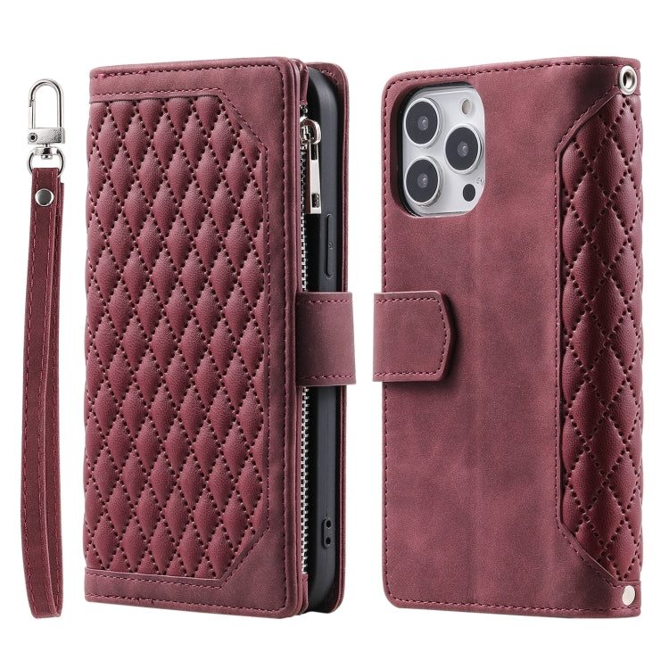 Grid Texture Zipper Leather Phone Case with Lanyard, For iPhone 15 Pro Max, For iPhone 15 Pro, For iPhone 15 Plus, For iPhone 15