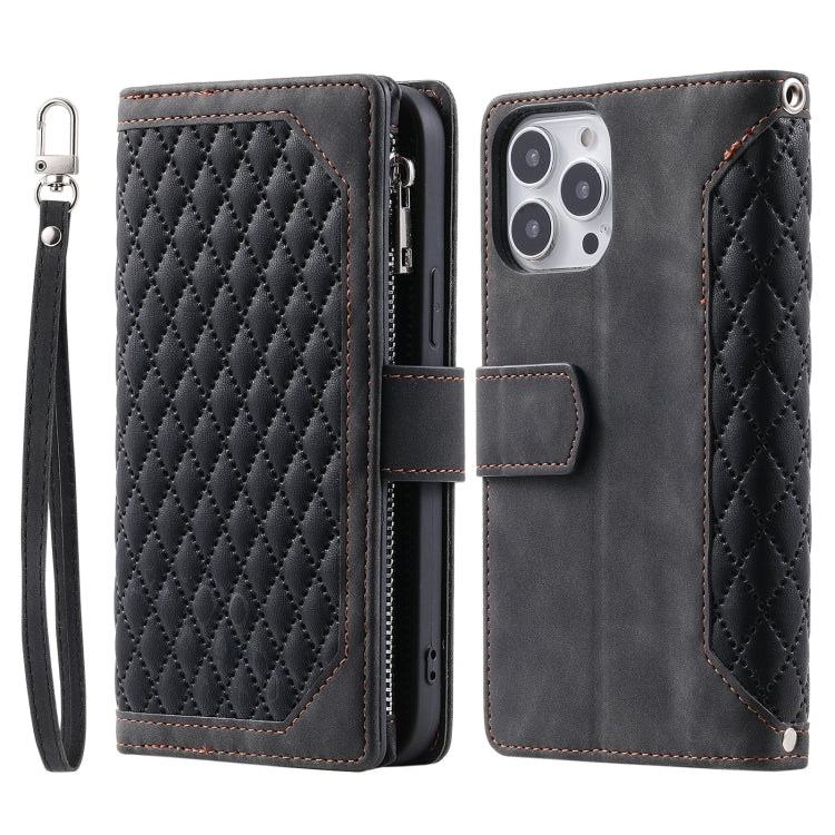 Grid Texture Zipper Leather Phone Case with Lanyard, For iPhone 15 Pro Max, For iPhone 15 Pro, For iPhone 15 Plus, For iPhone 15