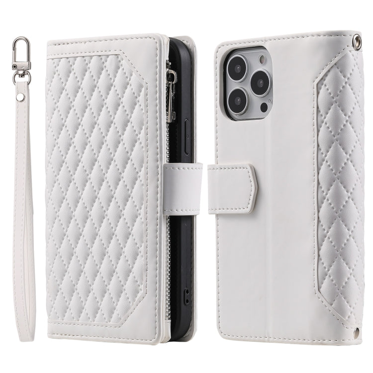 Grid Texture Zipper Leather Phone Case with Lanyard, For iPhone 15 Pro Max, For iPhone 15 Pro, For iPhone 15 Plus, For iPhone 15