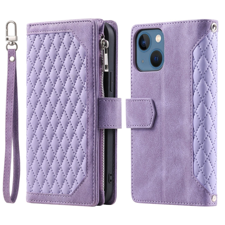 Grid Texture Zipper Leather Phone Case with Lanyard, For iPhone 15 Pro Max, For iPhone 15 Pro, For iPhone 15 Plus, For iPhone 15