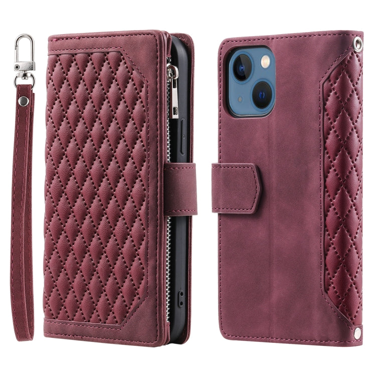 Grid Texture Zipper Leather Phone Case with Lanyard, For iPhone 15 Pro Max, For iPhone 15 Pro, For iPhone 15 Plus, For iPhone 15