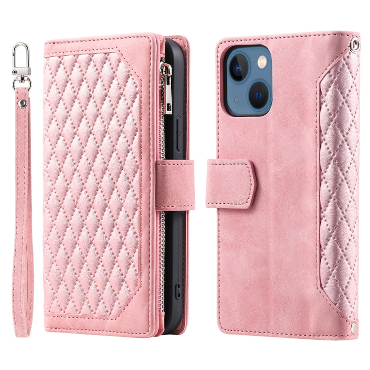 Grid Texture Zipper Leather Phone Case with Lanyard, For iPhone 15 Pro Max, For iPhone 15 Pro, For iPhone 15 Plus, For iPhone 15