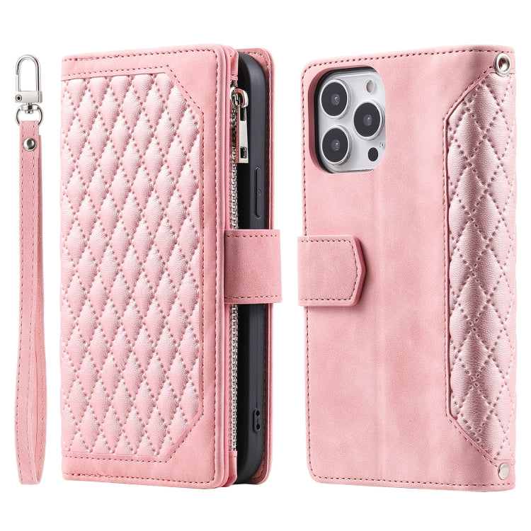 Grid Texture Zipper Leather Phone Case with Lanyard, For iPhone 16e, For iPhone 16 Pro Max, For iPhone 16 Pro, For iPhone 16 Plus, For iPhone 16