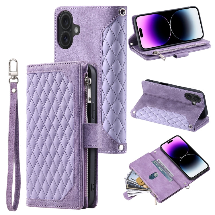 Grid Texture Zipper Leather Phone Case with Lanyard, For iPhone 16e, For iPhone 16 Pro Max, For iPhone 16 Pro, For iPhone 16 Plus, For iPhone 16