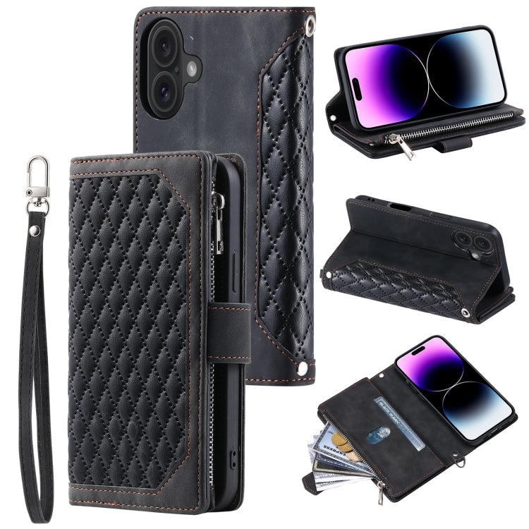 Grid Texture Zipper Leather Phone Case with Lanyard, For iPhone 16e, For iPhone 16 Pro Max, For iPhone 16 Pro, For iPhone 16 Plus, For iPhone 16