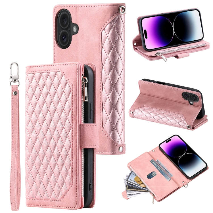 Grid Texture Zipper Leather Phone Case with Lanyard, For iPhone 16e, For iPhone 16 Pro Max, For iPhone 16 Pro, For iPhone 16 Plus, For iPhone 16