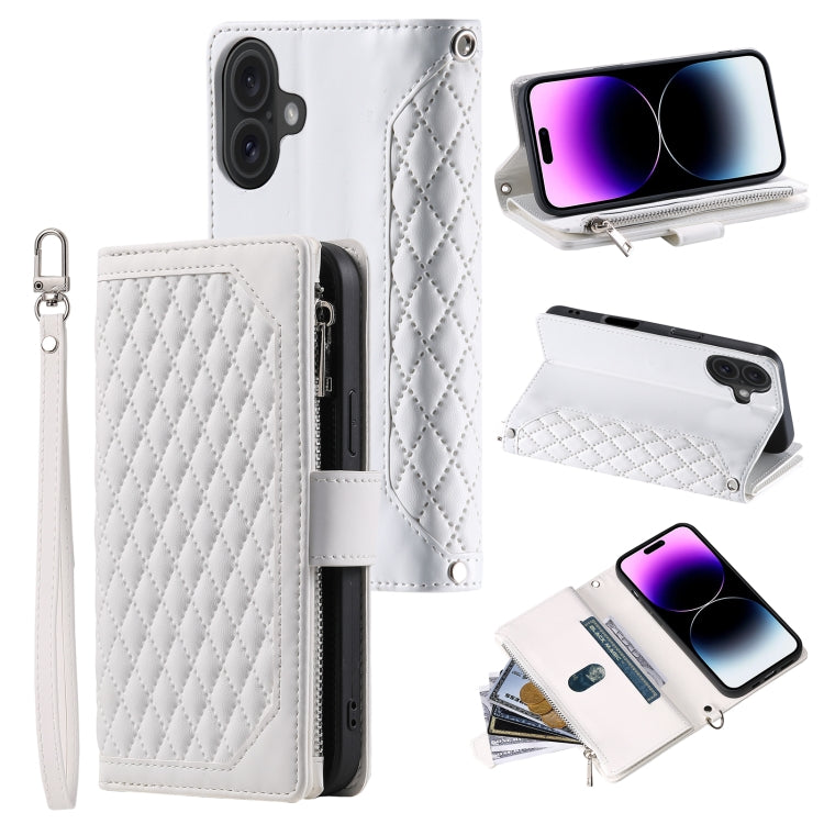 Grid Texture Zipper Leather Phone Case with Lanyard, For iPhone 16e, For iPhone 16 Pro Max, For iPhone 16 Pro, For iPhone 16 Plus, For iPhone 16