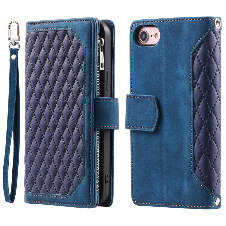 Grid Texture Zipper Leather Phone Case with Lanyard, For iPhone 16e, For iPhone 16 Pro Max, For iPhone 16 Pro, For iPhone 16 Plus, For iPhone 16