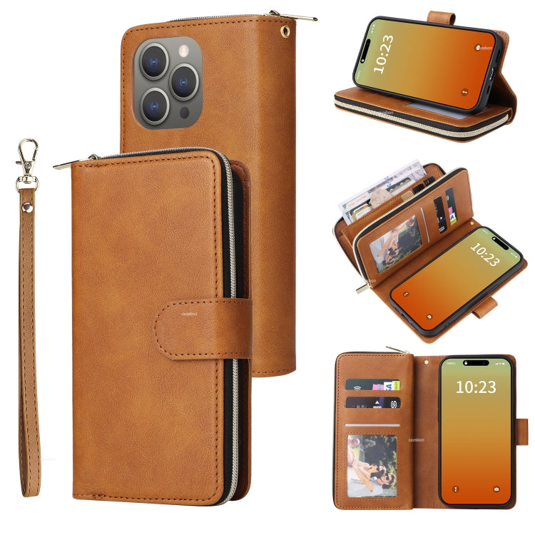 9 Card Slots Zipper Wallet Bag Leather Phone Case, For iPhone 15 Pro, For iPhone 15 Plus, For iPhone 15