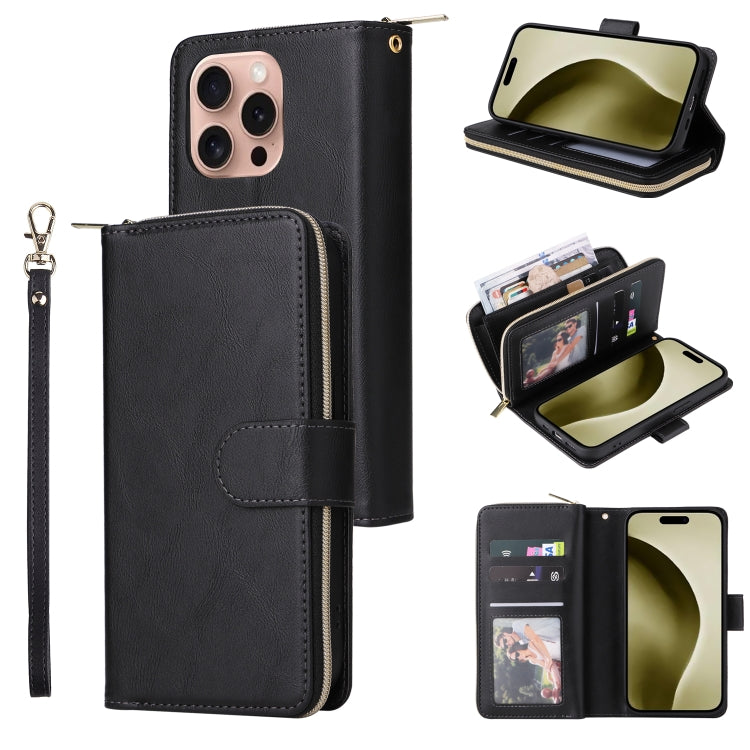 9 Card Slots Zipper Wallet Bag Leather Phone Case, For iPhone 16e, For iPhone 16 Pro Max, For iPhone 16 Pro, For iPhone 16 Plus, For iPhone 16, For iPhone 15 Pro Max