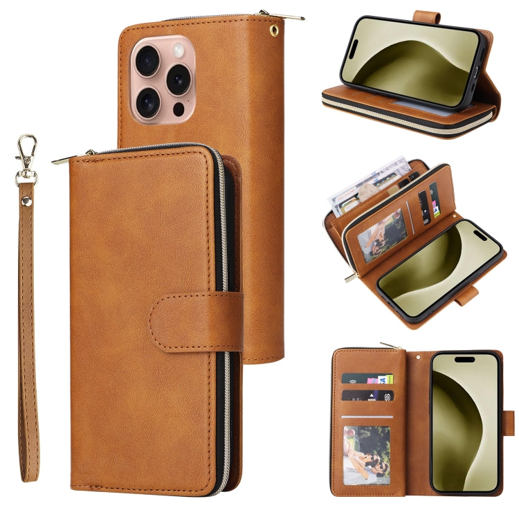 9 Card Slots Zipper Wallet Bag Leather Phone Case, For iPhone 16e, For iPhone 16 Pro Max, For iPhone 16 Pro, For iPhone 16 Plus, For iPhone 16, For iPhone 15 Pro Max