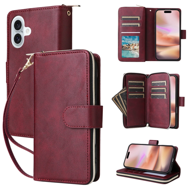 9 Card Slots Zipper Wallet Bag Leather Phone Case, For iPhone 16e, For iPhone 16 Pro Max, For iPhone 16 Pro, For iPhone 16 Plus, For iPhone 16, For iPhone 15 Pro Max