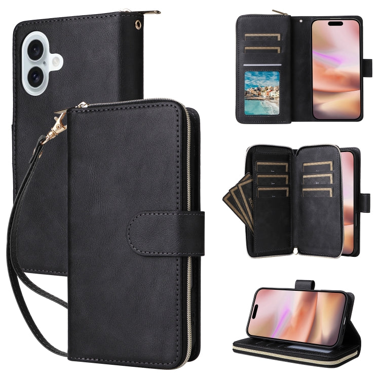 9 Card Slots Zipper Wallet Bag Leather Phone Case, For iPhone 16e, For iPhone 16 Pro Max, For iPhone 16 Pro, For iPhone 16 Plus, For iPhone 16, For iPhone 15 Pro Max