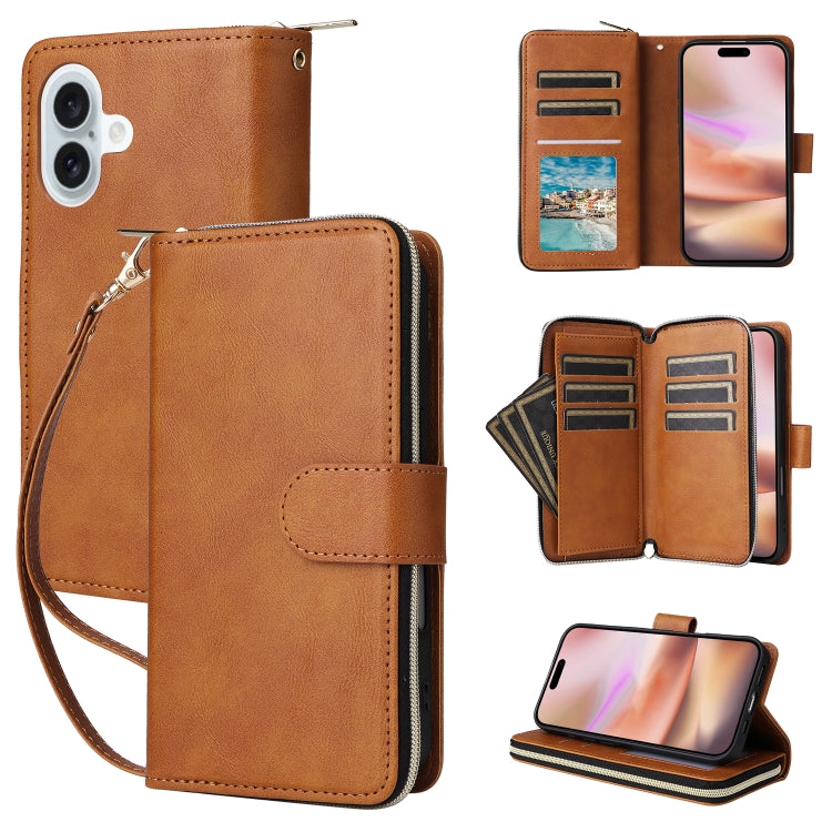 9 Card Slots Zipper Wallet Bag Leather Phone Case, For iPhone 16e, For iPhone 16 Pro Max, For iPhone 16 Pro, For iPhone 16 Plus, For iPhone 16, For iPhone 15 Pro Max