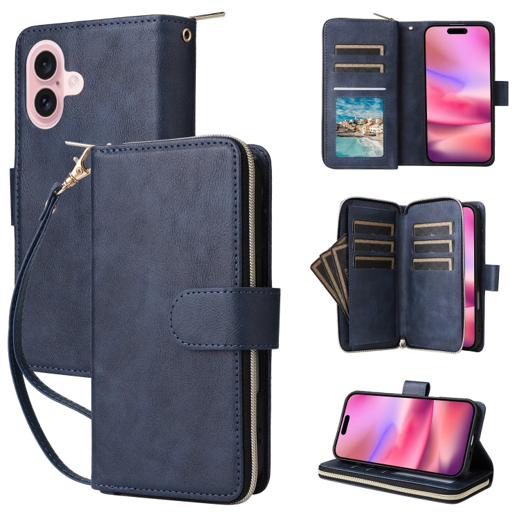 9 Card Slots Zipper Wallet Bag Leather Phone Case, For iPhone 16e, For iPhone 16 Pro Max, For iPhone 16 Pro, For iPhone 16 Plus, For iPhone 16, For iPhone 15 Pro Max