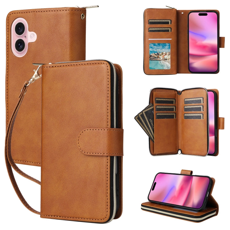 9 Card Slots Zipper Wallet Bag Leather Phone Case, For iPhone 16e, For iPhone 16 Pro Max, For iPhone 16 Pro, For iPhone 16 Plus, For iPhone 16, For iPhone 15 Pro Max