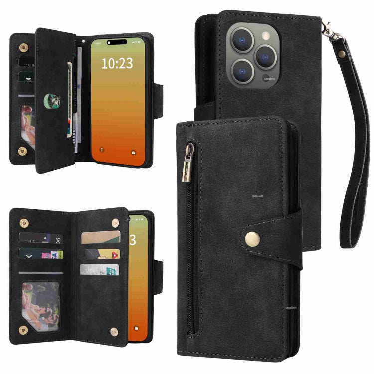 Rivet Buckle 9 Cards Three Fold Leather Phone Case, For iPhone 16 Pro Max, For iPhone 16 Pro, For iPhone 16 Plus, For iPhone 16, For iPhone 15 Pro Max, For iPhone 15 Pro