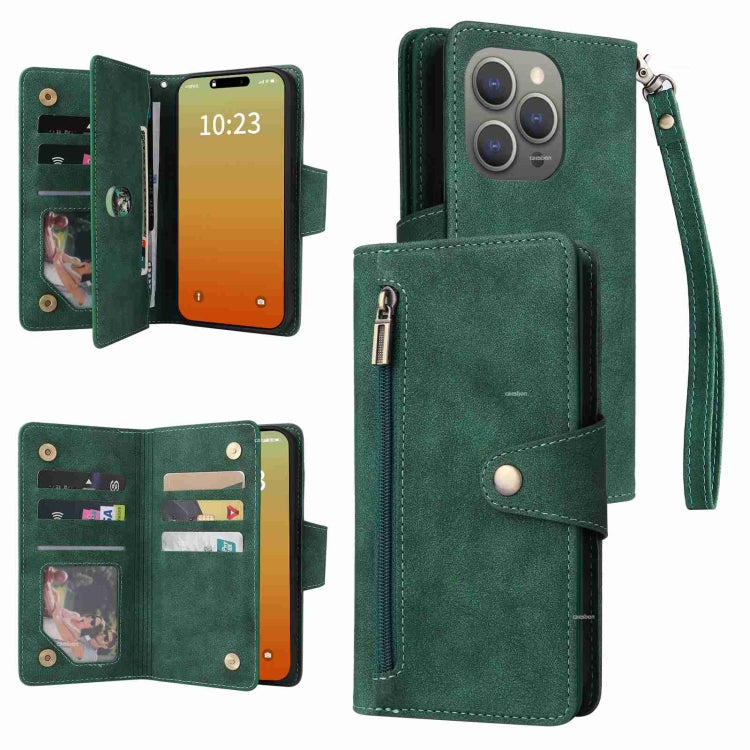 Rivet Buckle 9 Cards Three Fold Leather Phone Case, For iPhone 16 Pro Max, For iPhone 16 Pro, For iPhone 16 Plus, For iPhone 16, For iPhone 15 Pro Max, For iPhone 15 Pro