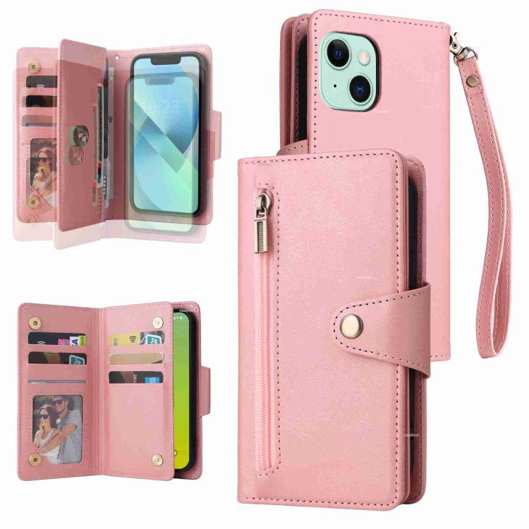 Rivet Buckle 9 Cards Three Fold Leather Phone Case, For iPhone 15 Plus, For iPhone 15