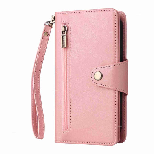 Rivet Buckle 9 Cards Three Fold Leather Phone Case, For iPhone 15 Plus, For iPhone 15