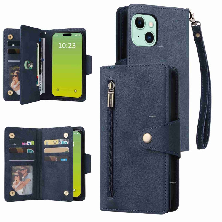 Rivet Buckle 9 Cards Three Fold Leather Phone Case, For iPhone 15 Plus, For iPhone 15