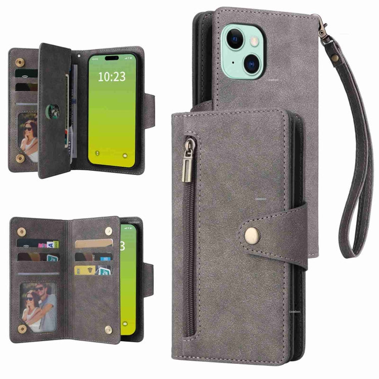 Rivet Buckle 9 Cards Three Fold Leather Phone Case, For iPhone 15 Plus, For iPhone 15