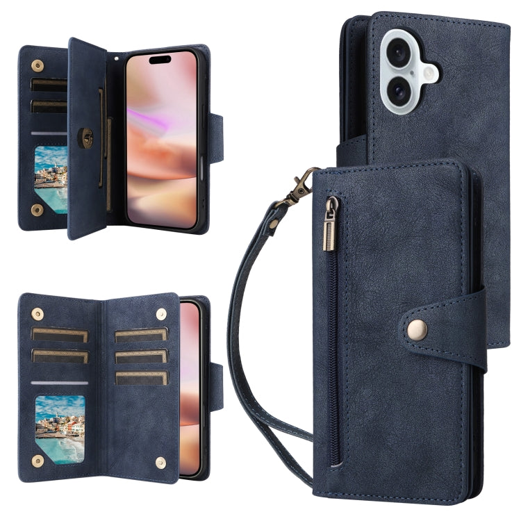 Rivet Buckle 9 Cards Three Fold Leather Phone Case, For iPhone 16 Pro Max, For iPhone 16 Pro, For iPhone 16 Plus, For iPhone 16, For iPhone 15 Pro Max, For iPhone 15 Pro