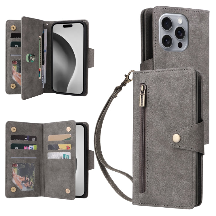 Rivet Buckle 9 Cards Three Fold Leather Phone Case, For iPhone 16 Pro Max, For iPhone 16 Pro, For iPhone 16 Plus, For iPhone 16, For iPhone 15 Pro Max, For iPhone 15 Pro