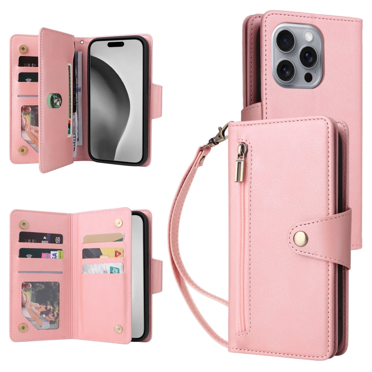 Rivet Buckle 9 Cards Three Fold Leather Phone Case, For iPhone 16 Pro Max, For iPhone 16 Pro, For iPhone 16 Plus, For iPhone 16, For iPhone 15 Pro Max, For iPhone 15 Pro