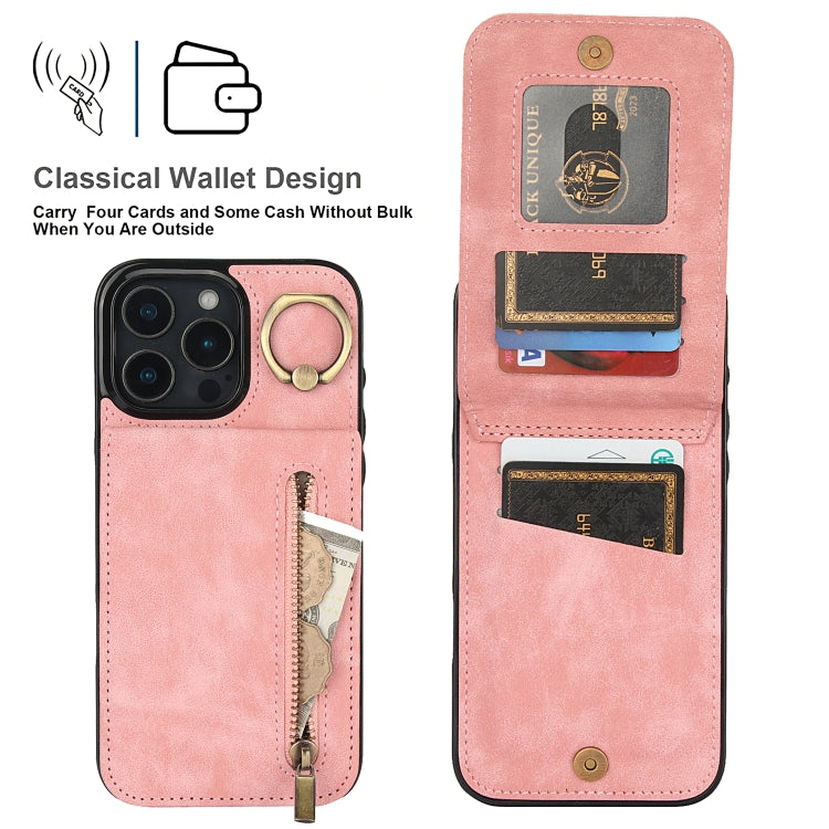 Retro Ring and Zipper RFID Card Slot Phone Case, For iPhone 16 Pro Max, For iPhone 16 Pro, For iPhone 16 Plus, For iPhone 16, For iPhone 15 Pro Max