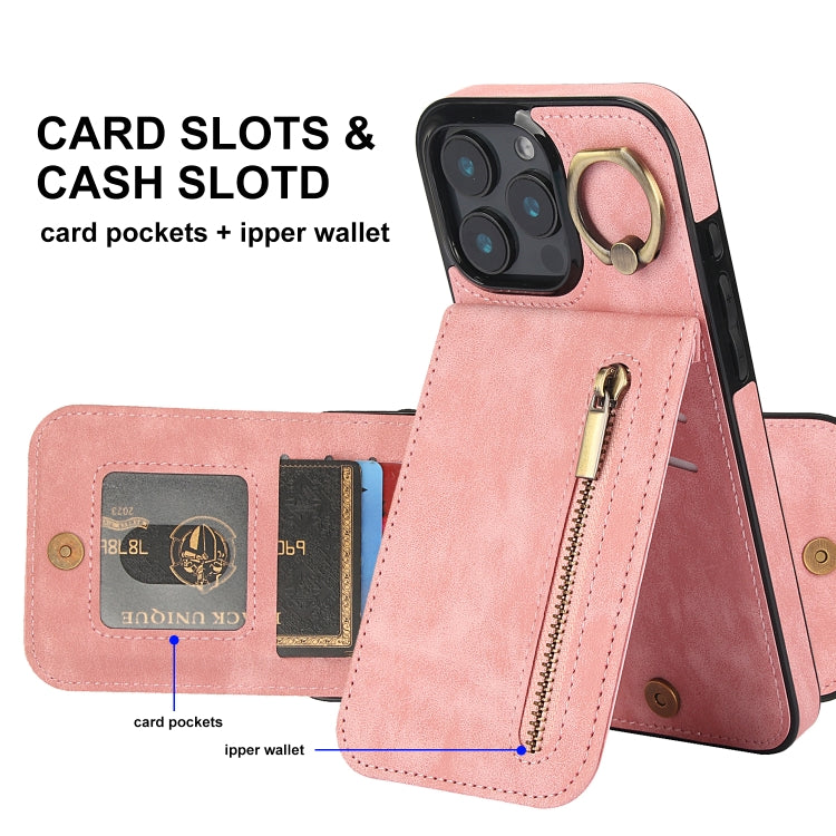 Retro Ring and Zipper RFID Card Slot Phone Case, For iPhone 16 Pro Max, For iPhone 16 Pro, For iPhone 16 Plus, For iPhone 16, For iPhone 15 Pro Max