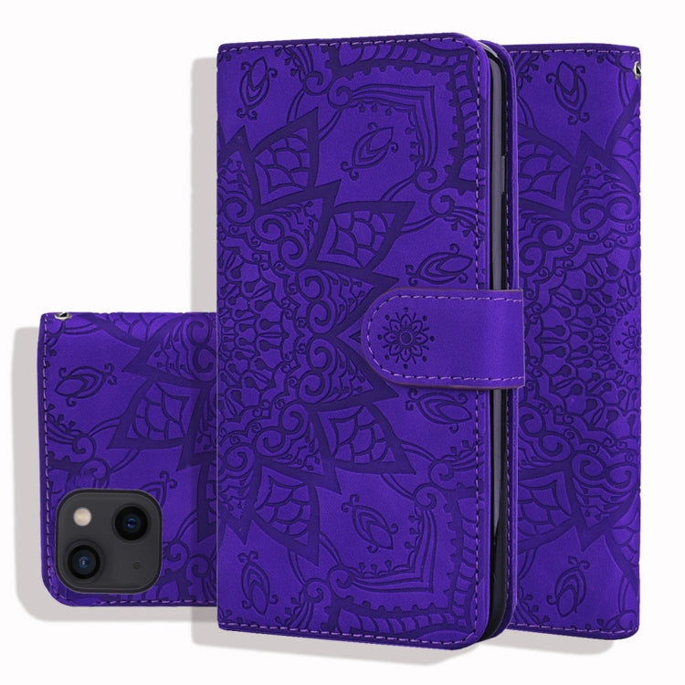 Mandala Embossed Dual-Fold Calf Leather Phone Case, For iPhone 15 Pro, For iPhone 15 Plus, For iPhone 15