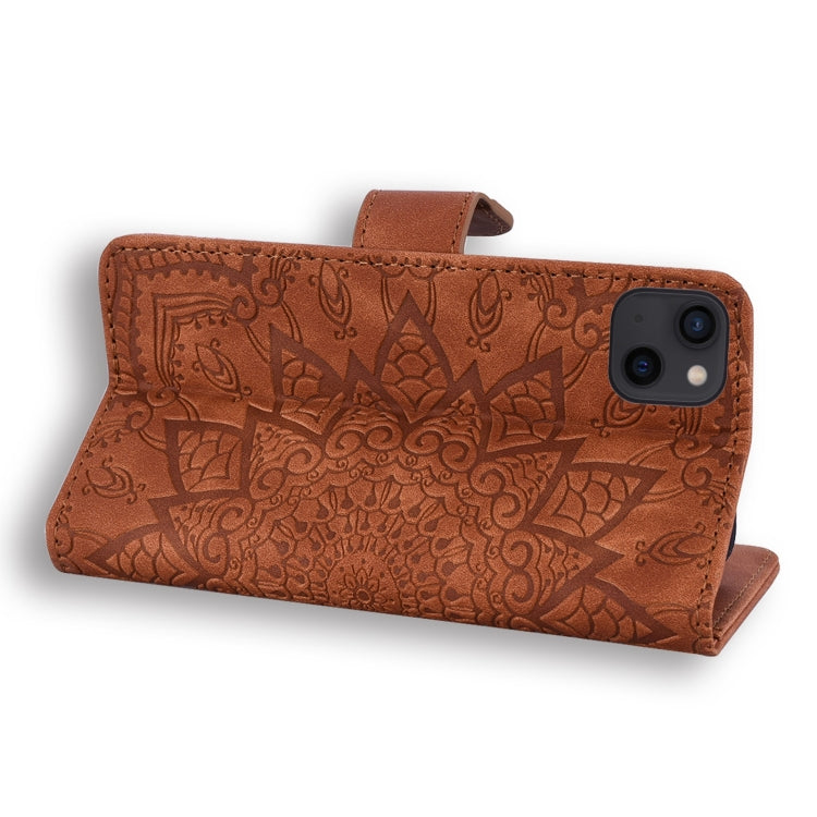 Mandala Embossed Dual-Fold Calf Leather Phone Case, For iPhone 15 Pro, For iPhone 15 Plus, For iPhone 15