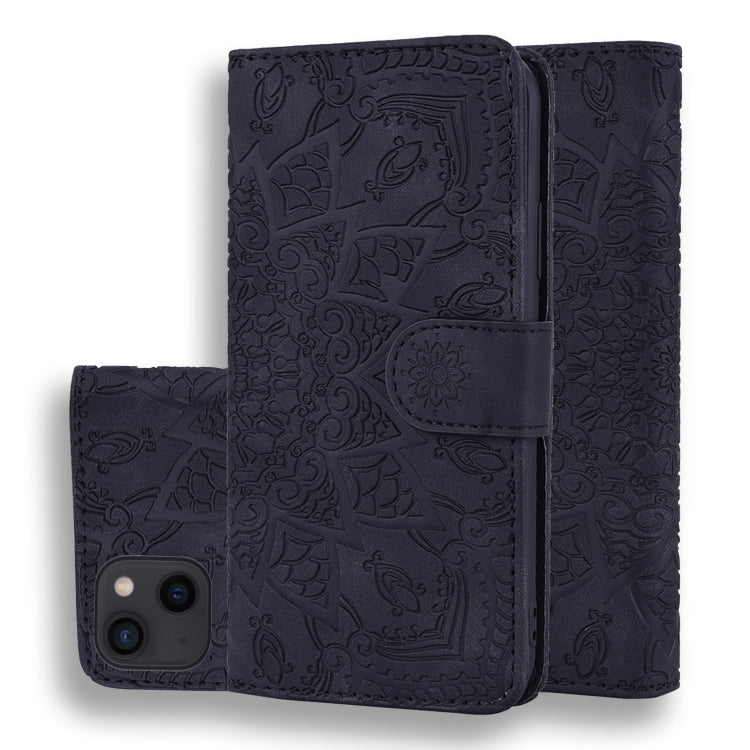 Mandala Embossed Dual-Fold Calf Leather Phone Case, For iPhone 15 Pro, For iPhone 15 Plus, For iPhone 15