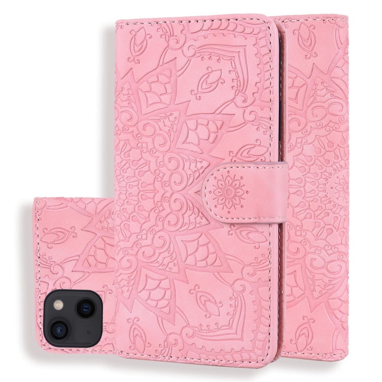 Mandala Embossed Dual-Fold Calf Leather Phone Case, For iPhone 15 Pro, For iPhone 15 Plus, For iPhone 15