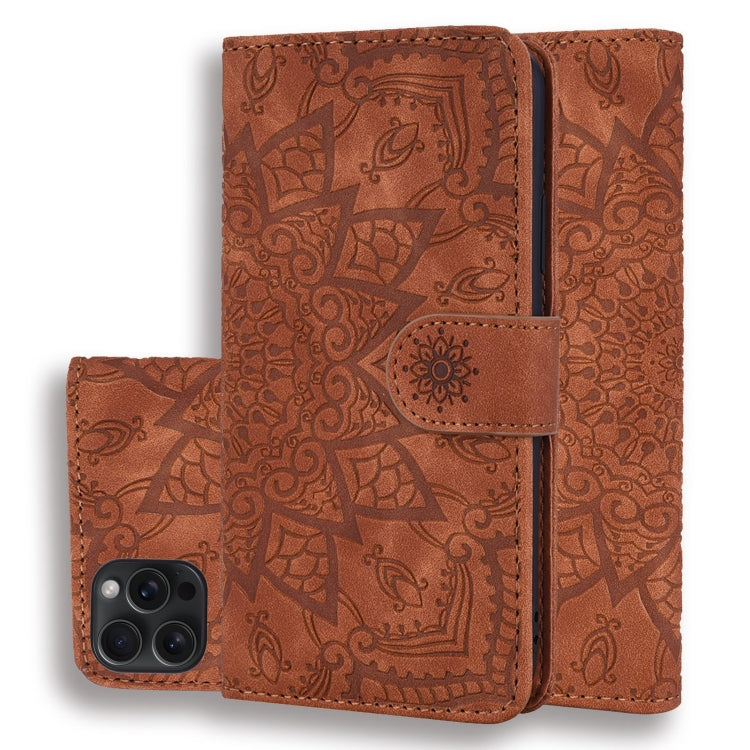 Mandala Embossed Dual-Fold Calf Leather Phone Case, For iPhone 16e, For iPhone 16 Pro, For iPhone 16 Pro Max, For iPhone 16 Plus, For iPhone 16, For iPhone 15 Pro Max