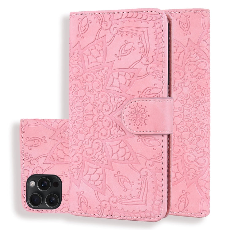 Mandala Embossed Dual-Fold Calf Leather Phone Case, For iPhone 16e, For iPhone 16 Pro, For iPhone 16 Pro Max, For iPhone 16 Plus, For iPhone 16, For iPhone 15 Pro Max